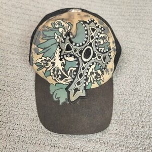 Vintage Y2K HowD Trucker‎ Hat Grunge Rhinestone Cross Adjustable Snapback